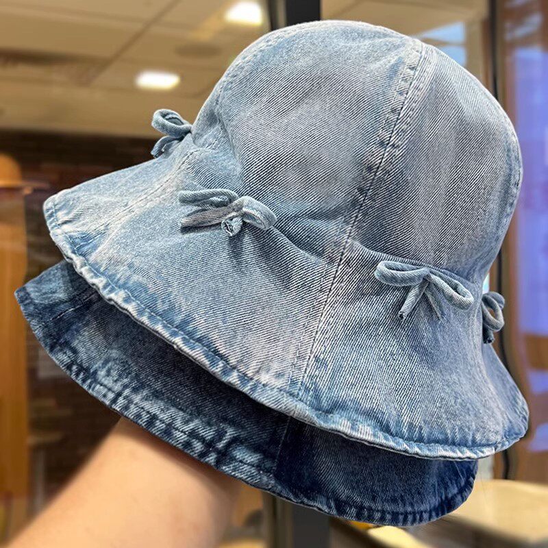 新款水洗牛仔蝴蝶结渔夫帽春夏韩版女百搭逛街遮阳帽子时尚显脸小