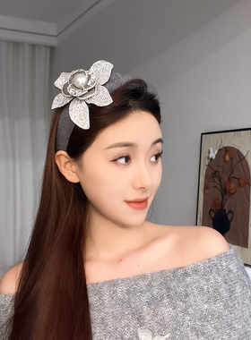 秋冬新款毛呢灰色闪钻花朵发箍女夸张小众设计高级感气质百搭头饰