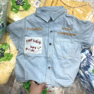 0513米奥正品儿童夏季纯棉质软牛仔短袖男童休闲百搭上衣刺绣衬衫