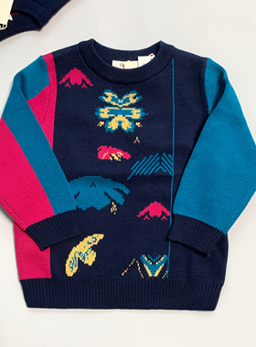 09133彩色B专柜儿童秋冬纯棉高品质套头女童毛线撞色毛衣线衫