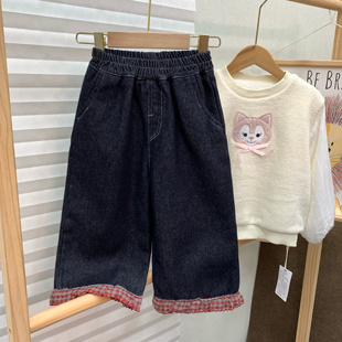 版 柔软好搭加绒花边长裤 秋冬女童加绒直筒牛仔裤 130 型超棒