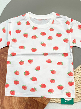 06055儿童夏季纯棉冰感草莓满印无感水印薄款短袖T恤女童短袖