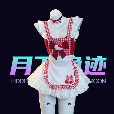 月下隐迹性感纯欲风Kitt猫女仆围裙可爱厨娘蝴蝶结樱桃格子连体衣