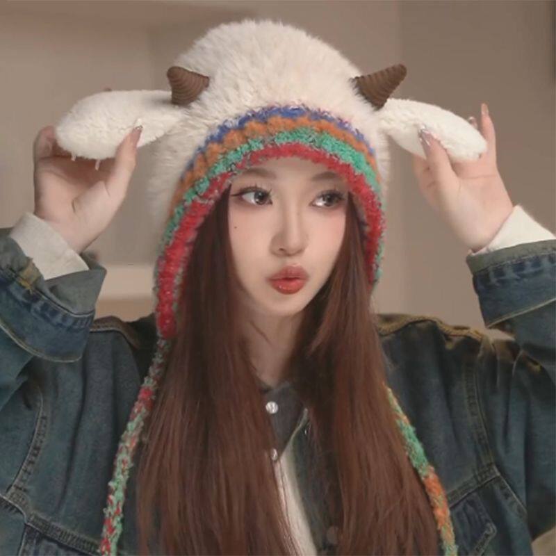 2025新款秋季冬可爱小羊角毛茸护耳毛线帽子潮流毛绒保暖防寒女帽