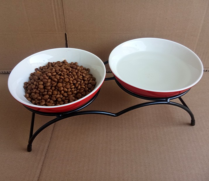 简约欧式陶瓷红釉碗配铁架套装增高护颈宠物猫狗喂食饮水盆猫粮碗
