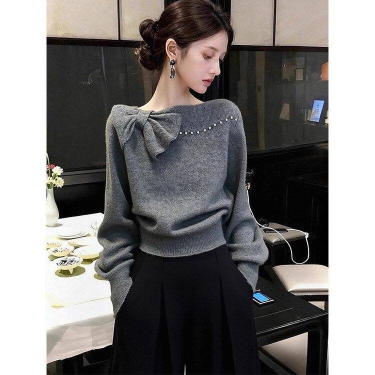 毛衣女款2026新款秋冬巨好看气质高端灰色蝴蝶结内搭针织衫上衣厚