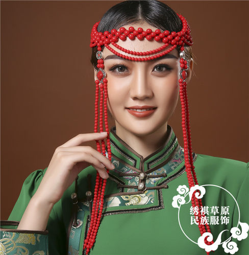 搭配蒙古族饰品女士民族舞蹈演出头饰 纯手工蒙古袍配饰长流苏款