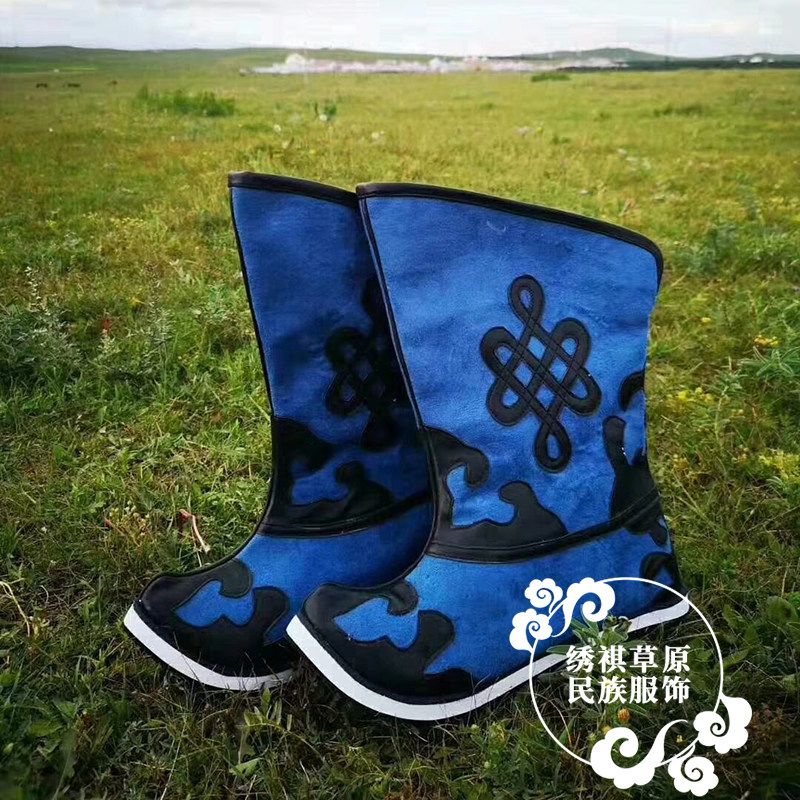 蒙古族靴子纯手工男士蒙古靴蒙族骑马靴少数民族舞蹈靴鹿皮绒新