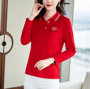 新款 女士时尚 t恤2024春秋季 中年妈妈长袖 休闲有领上衣 翻领polo衫