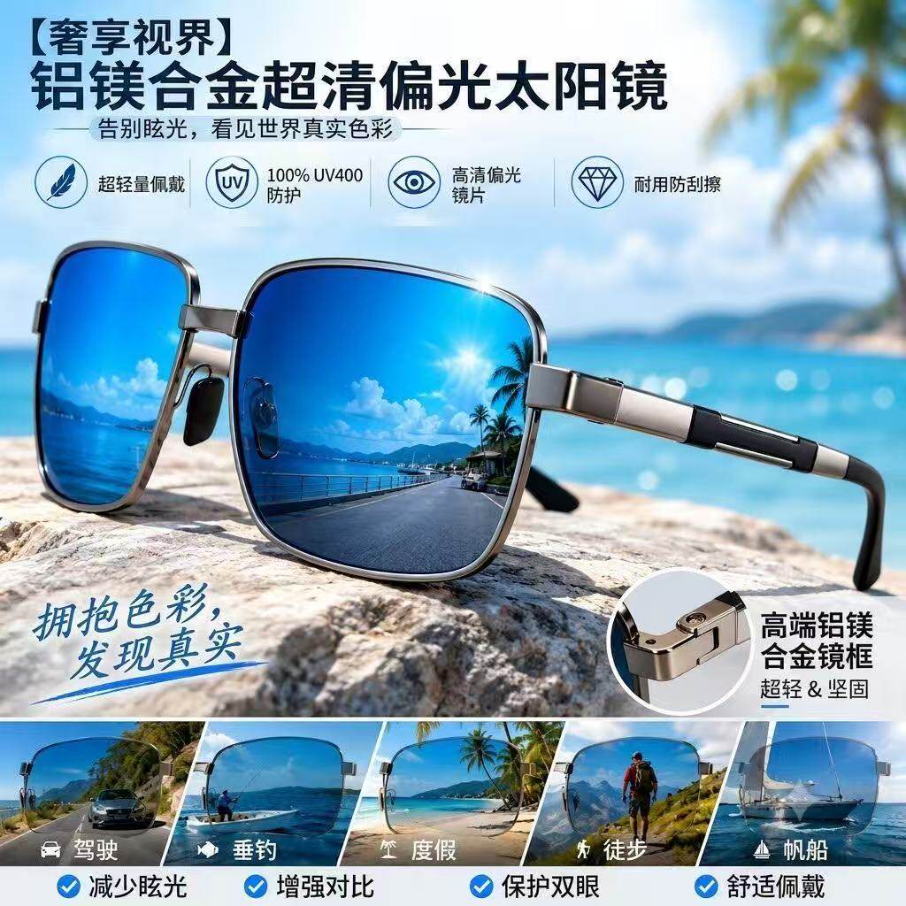 美牌Clara Vida高端铝镁合金轻量超清蓝镜面偏光太阳镜