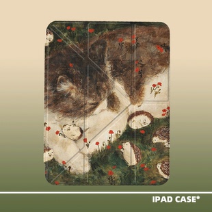 原创艺术可爱刺猬与猫咪油画适用苹果11代2025款air7ipadpro11三折ipad防弯亚克力保护壳9代10.2寸air5/mini7
