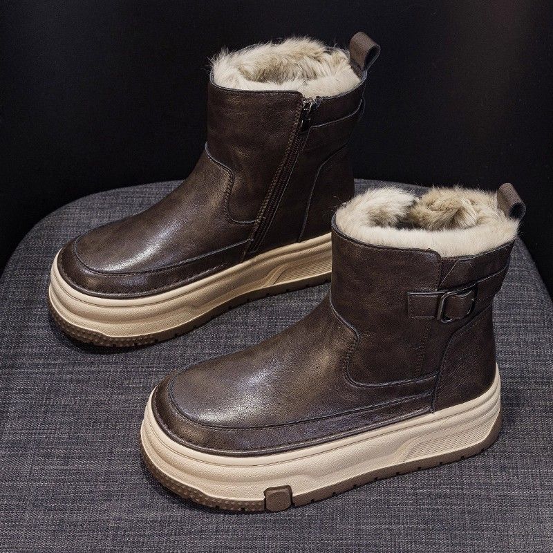 冬季加绒雪地靴女2025新款休闲厚底板鞋运动真皮高帮加厚保暖棉鞋