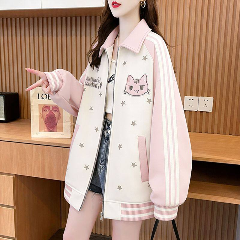 美式学院风小猫刺绣星星短外套女2026春季新款学生少女翻领棒球服