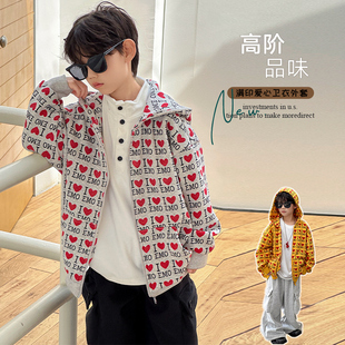 撞色外套潮 中小童男孩帅气韩版 男童爱心春秋连帽开衫 卫衣2025新款