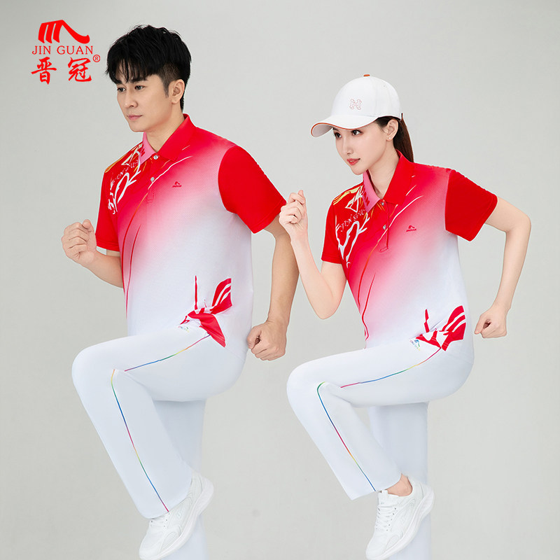 新款晋冠夏季运动套装男女广场舞两件套透气印花演出团体服运动装