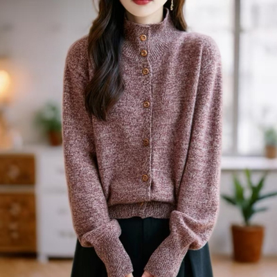 100%纯羊毛开衫女2025秋冬新款花纱纽扣针织保暖加厚高领毛衣外套