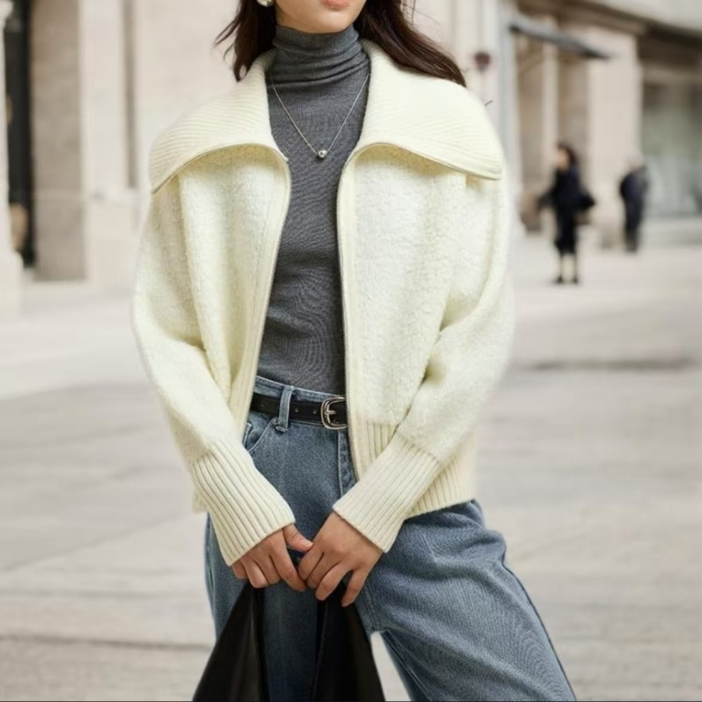 100%纯羊毛大翻领拉链短款针织开衫女圈圈纱羊毛慵懒风小个子上衣