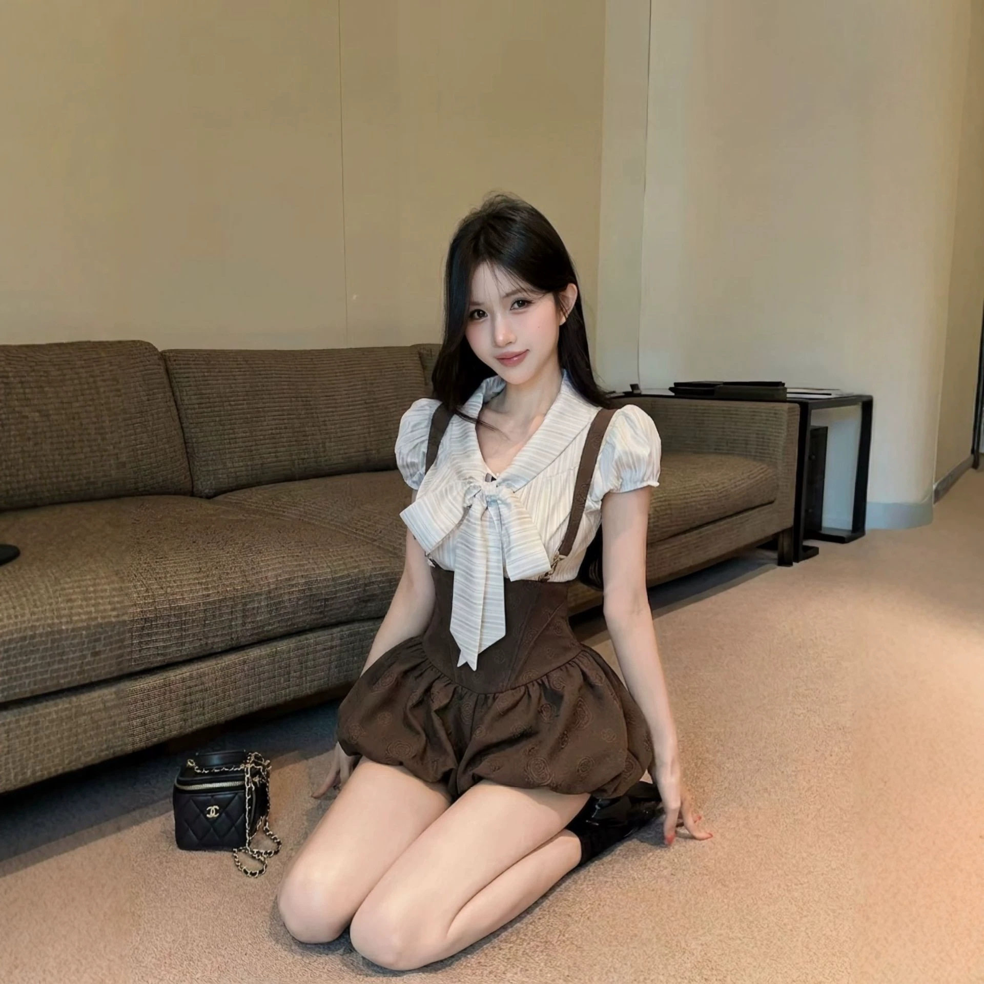学院风jk制服背带裙套装女夏小个子美式校园辣妹衬衫吊带裙两件套