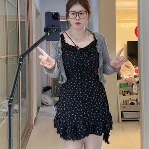 大码女装复古碎花短裙+短裤+薄开衫夏季叠穿绝美套装韩系显瘦套装