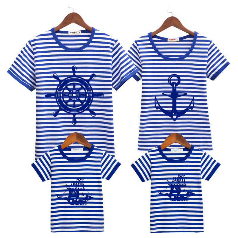 亲子装海魂衫条纹短袖t恤一家三口四口海军风全家装母子母女半袖t