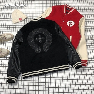 2025春薄棉棒球服个性 大马蹄毛呢子宽松夹克外套潮 街头潮插肩皮袖