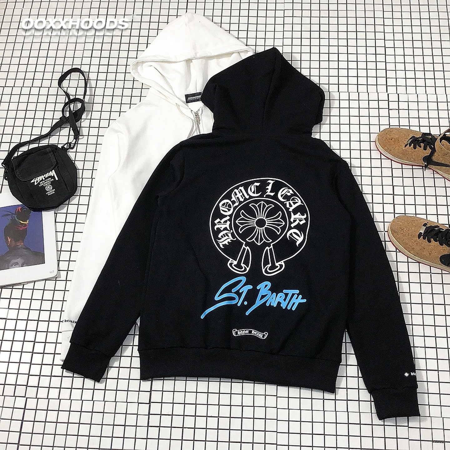 街头风十字架印花连帽开衫卫衣男女情侣装宽松拉链外套纯棉毛圈潮