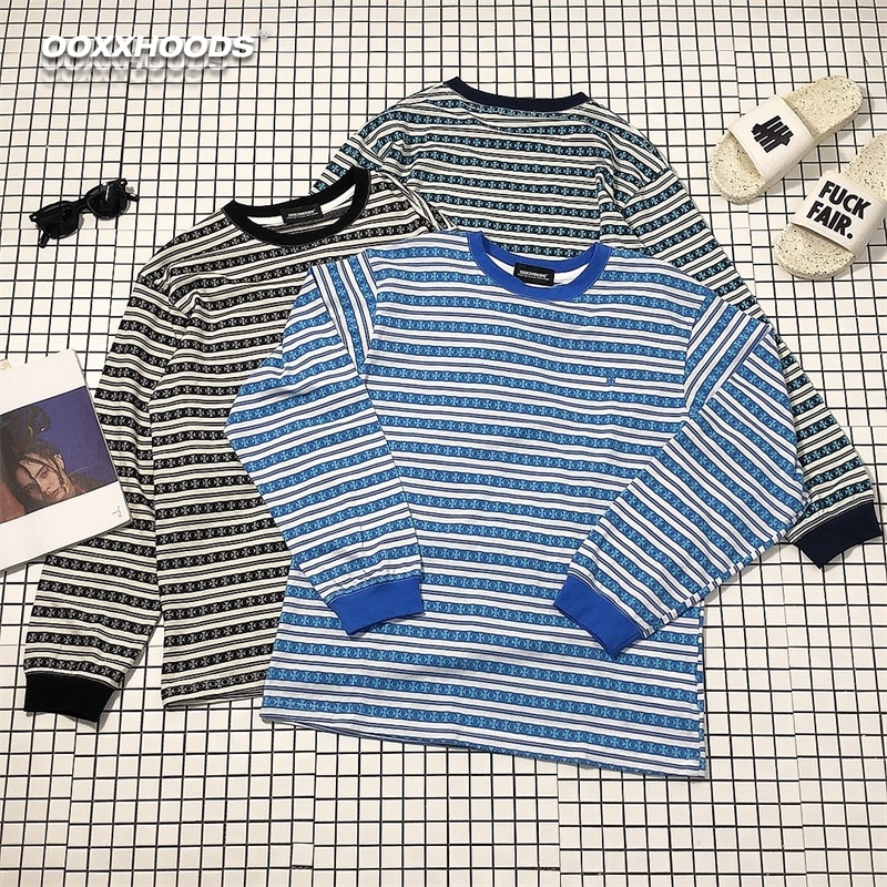 ins春秋新款海军条纹飞镖十字架打底衫情侣装男女潮潮纯棉长袖T恤