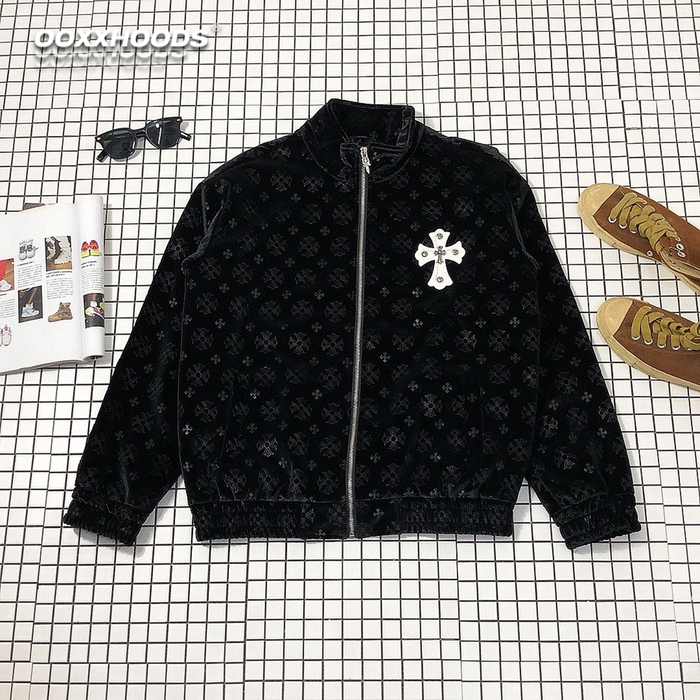 街头暗纹十字架印花飞镖夹克男女宽松立领拉链外套黑色潮丝绒休闲