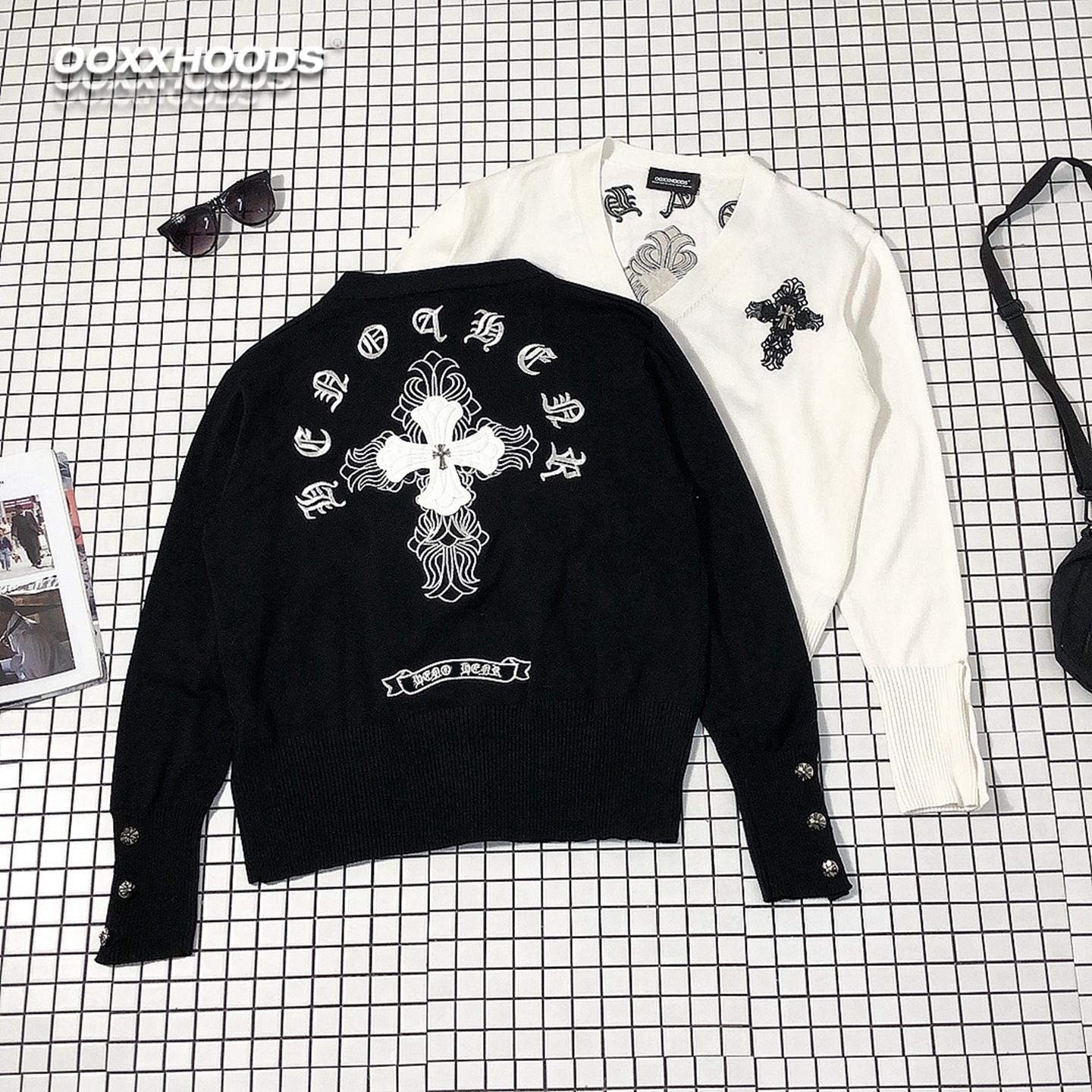 全刺绣帅气cool酷个性休闲百搭男女潮牌十字架金属贴皮外套棉毛衣