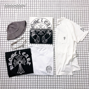 二代黑白配印花pocket口袋镂空十字架哥特字母宽松精梳棉短袖 T恤