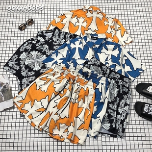 套装 度假vacation风速干透气全身印花十字架潮牌潮印花宽松五分裤