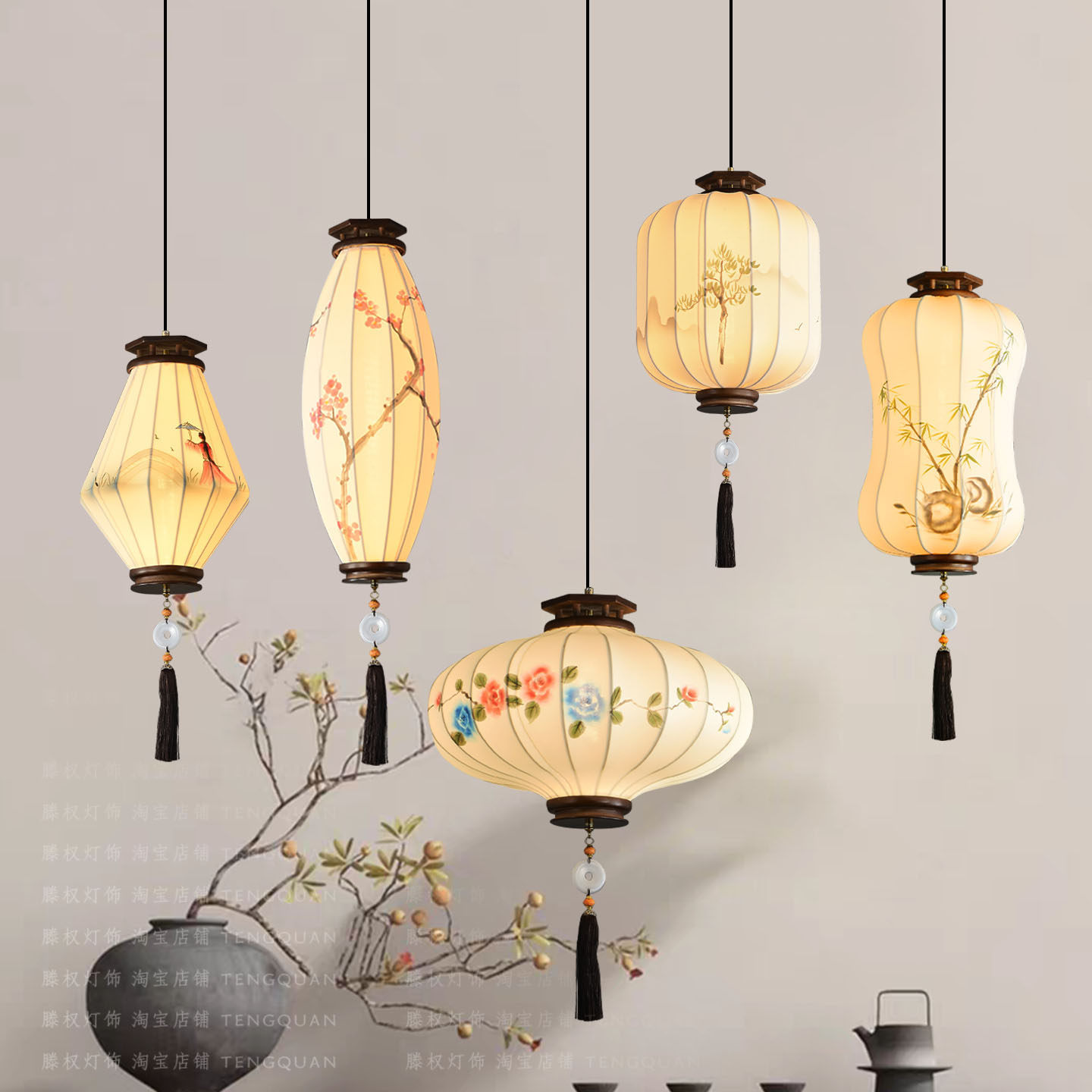 宋代美学布艺吊灯玄关过道实木流苏中式复古茶室客厅背景墙吊线灯