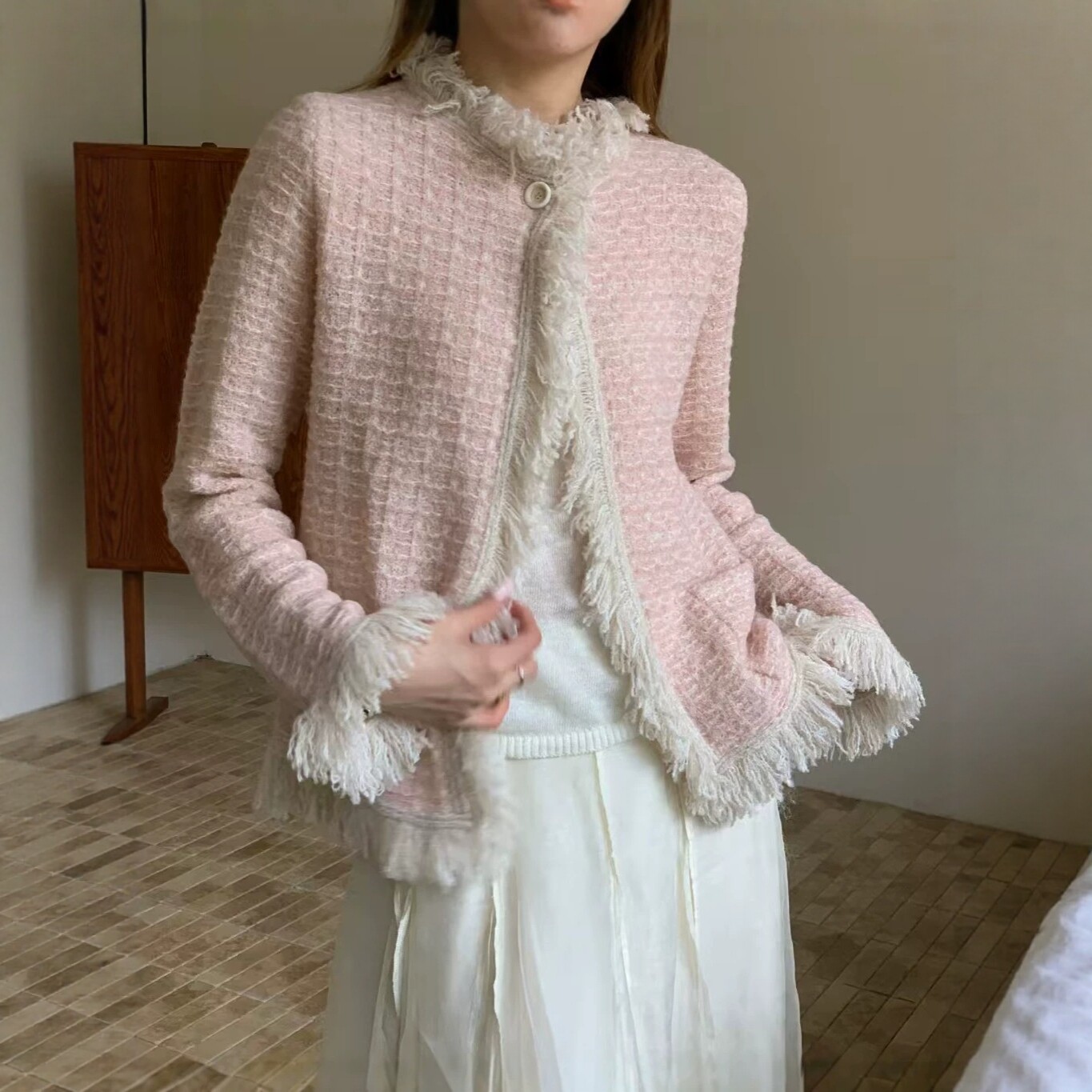 EVAN【正版●D*设计师】仙女风粉色小香风流苏边外套羊毛针织开衫
