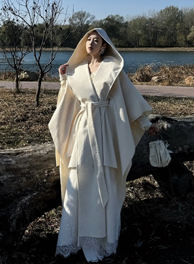 被999＋收藏【顶配版Ycbt设计师】白色斗篷呢子大衣披肩长外套女