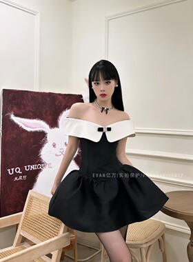 清仓EVAN/纯欲翻领抹胸一字肩显瘦设计感蝴蝶结蓬蓬裙短裙连衣裙