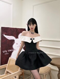 清仓EVAN 纯欲翻领抹胸一字肩显瘦设计感蝴蝶结蓬蓬裙短裙连衣裙