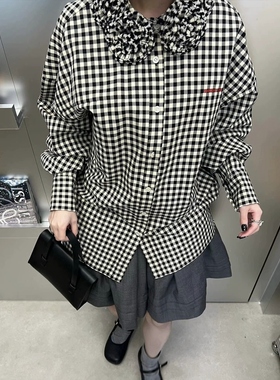 孤品限量7折】灰色格纹立体花朵领口休闲长袖衬衫上衣百搭半裙sst