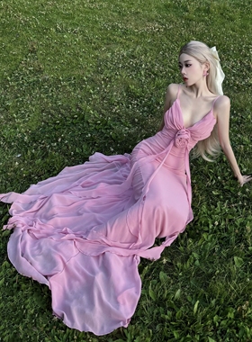 度蜜月【对版现货】设计感显瘦不规则粉色吊带长裙礼服晨袍沙滩裙