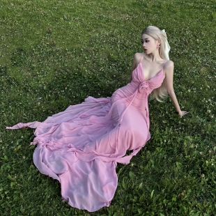 度蜜月【对版现货】设计感显瘦不规则粉色吊带长裙礼服晨袍沙滩裙