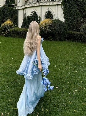 EVAN亿万【对版 | 独家款】frej*a度假裙蓝色荷叶边不规则吊带裙