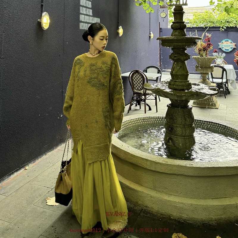 许妍穿搭【对版本 | 三吉*设计师】新中式羊毛针织长裙绿色毛衣裙
