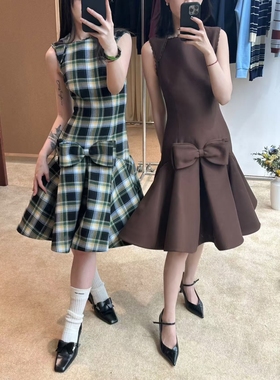 EVAN亿万【正版SST | 闺蜜款】设计感复古格纹蝴蝶结连衣裙蓬蓬裙