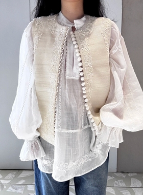 孤品7折【对版现货】宫廷风编织刺绣小香风马甲百搭休闲白色衬衫
