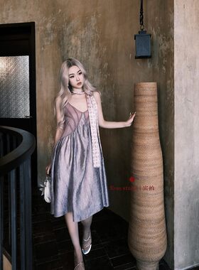 EVAN【高定版本●钟楚曦同款】仙女气质度假v领吊带裙短裙连衣裙