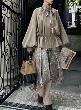 圣诞穿搭【对版赵露思Cello*ta】卡其色短款风衣夹克外套碎花半裙