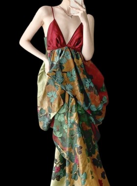 EVAN正版暗黑拼接红色新中式印花设计感v领吊带花苞连衣裙pengtai