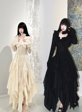 EVAN高定/elywwood ycbt暗黑设计感新中式连衣裙蕾丝羊毛重工套装