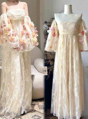 EVAN高定现货】24小众仙气设计感花朵花瓣粉色一字肩吊带裙网纱裙