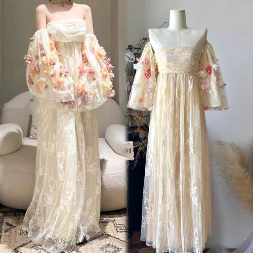 EVAN高定现货】24小众仙气设计感花朵花瓣粉色一字肩吊带裙网纱裙