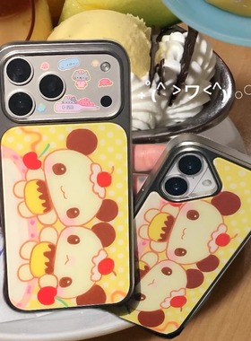 原创「布丁熊」古早ins博主同款童趣小众可爱风全包黄色波点背景适用于苹果银边17promax电镀全包磨砂手机壳